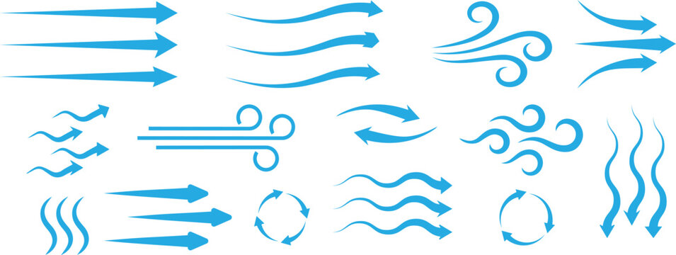 Air flow arrows set. airflow and ventilation, climate control, air direction circulation motion and strength signs. air direction signs. Air conditioning arrows.