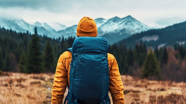 Backpacking pack mockup, hiking trail, majestic mountains, outdoor exploration,