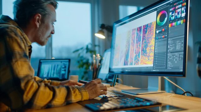 Designer adjusting ui colors on large monitor showing creative digital workflow modern interface design and professional user experience development