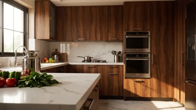 Modern kitchen interior with wooden cabinets and marble countertop for marketing campaign visual background