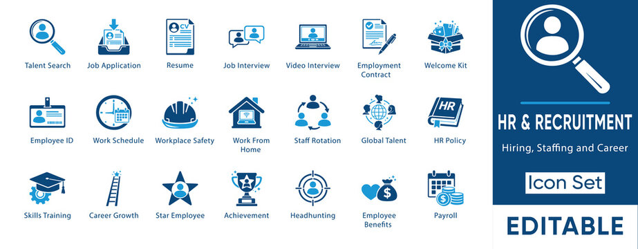 Hr and recruitment icon set. Containing talent search, job interview, employment contract, payroll, headhunting, work from home, hiring and more. Solid vector icons collection.