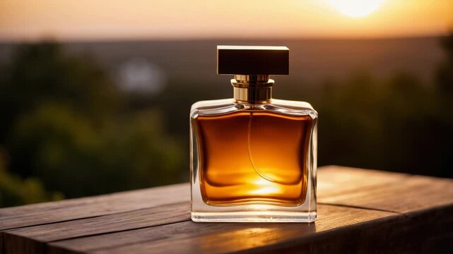 Video A perfume bottle sits atop a wooden table, perfect for decorative purposes or as a props in  and film