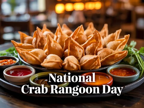 National crab rangoon day celebration with a plate of crispy wontons and dipping sauces on a table in a restaurant