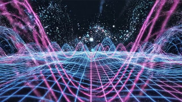 Vibrant neon grid pattern with intersecting lines and particles viewed from a futuristic perspective in a dark environment