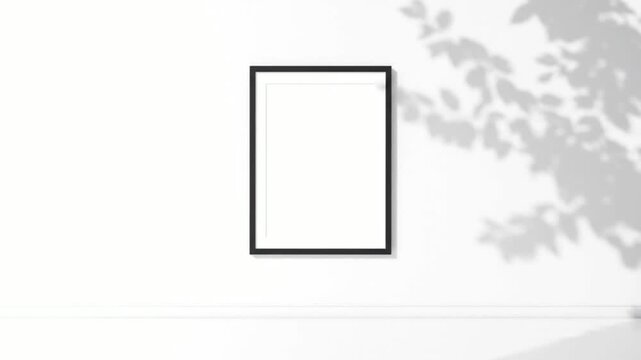 Minimalist black poster frame mockup on white wall, vertical blank picture frame template, elegant aesthetic mockup with organic plant shadow overlay
