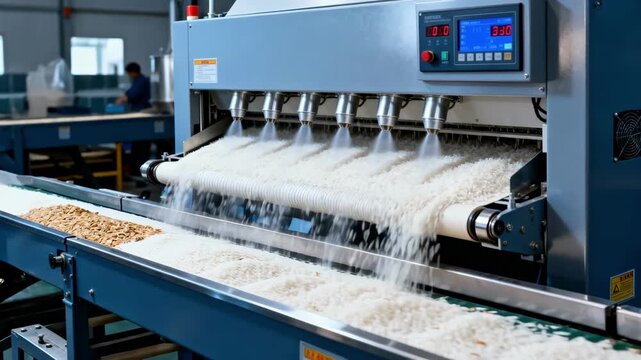 Medium shot of a highcapacity rice color sorter efficiently removing defective grains using precision air jets on a fast industrial line.
