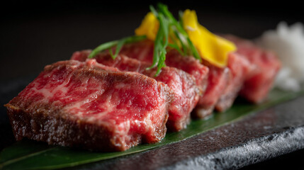 Fototapeta premium Kobe beef sushi from Japan thin slices.