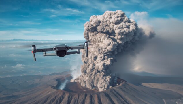 Hovering grey quadcopter drone filming erupting volcanic crater at remote ridge with camera gimbal