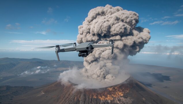 Hovering grey quadcopter drone capturing erupting volcano over volcanic plain, with camera gimbal