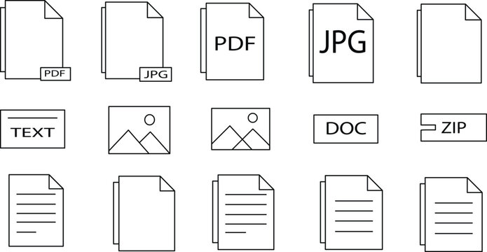 Fifteen minimalist black and white icons for various document file types and content symbol