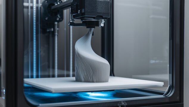 Printing grey twisted-ribbed vase inside enclosed 3D printer, with extruder nozzle