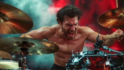 Drumming shirtless male drummer pounding drum kit on concert stage, with cymbals and colored fog