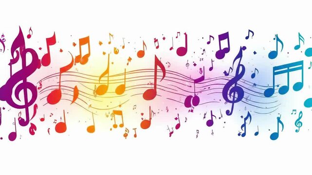 Colorful musical notes on gradient background with flowing melody design