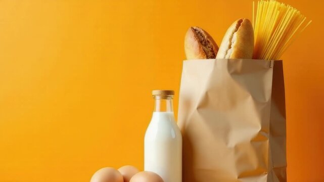 Video A bag filled with various food items sitting next to a bottle of milk, often used as a still life composition or in editorial content about daily routines