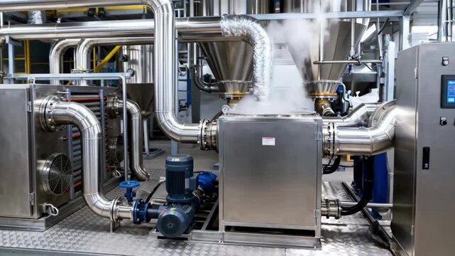 Medium shot of compact skid setup in a flour processing plant emphasizing efficient space use and advanced heat treatment technology for microbial load reduction.