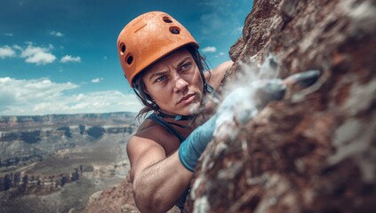 Obraz premium Reaching, female climber in orange helmet clipping bolt on steep canyon cliff, blue glove visible