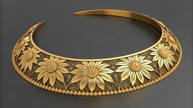 Ornate gold torc necklace with intricate floral designs