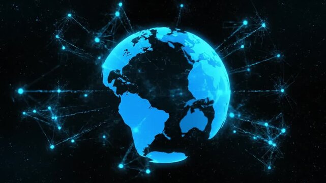 Digital glowing blue planet earth with global network connection lines, futuristic cyber technology world map sphere background animation