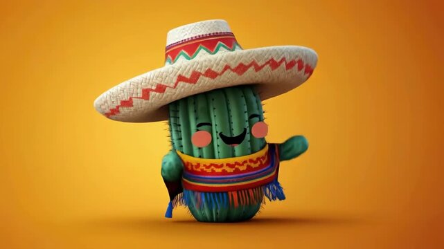 Smiling cartoon cactus with sombrero and colorful poncho on orange background. Cinco de Mayo, Battle of Puebla Day, Mexican Heritage Festival - Latin American Cultural Celebration