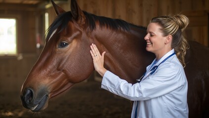 Smiling veterinarian wearing white coat placing hand on bay horse neck in stable, with stethoscope