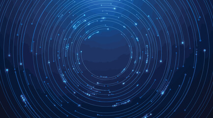 Radial digital abstract design with concentric circular lines and glowing blue nodes, symbolizing data flow, cyberspace, and futuristic network connectivity in a high-tech visualization of information