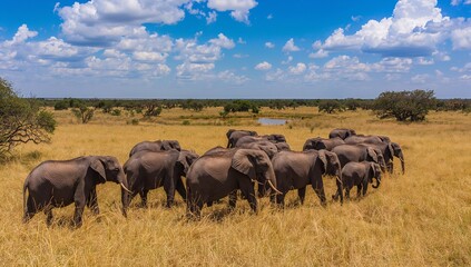 Obraz premium Walking herd of African elephants with calves crossing tall dry grassland, approaching waterhole
