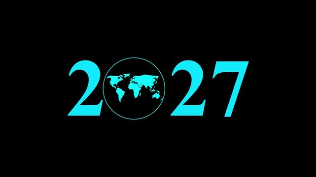 Aerial view of year text with 2027 and Earth icon for environmental awareness, sustainability goals, and climate change action, happy new year and environment day, Motion graphics of year concept