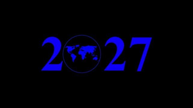Aerial view of year text with 2027 and Earth icon for environmental awareness, sustainability goals, and climate change action, happy new year and environment day, Motion graphics of year concept