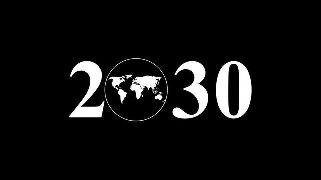 Aerial view of year text with 2030 and Earth icon for environmental awareness, sustainability goals, and climate change action, happy new year and environment day, Motion graphics of year concept