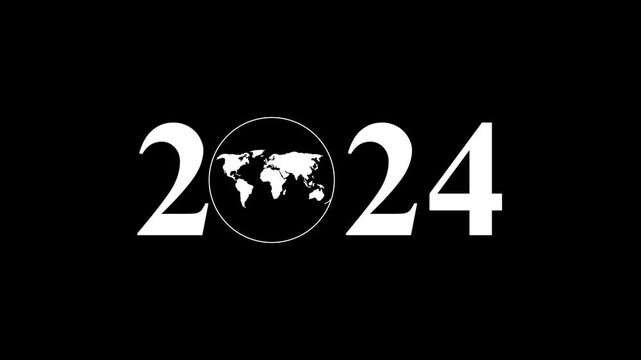 Aerial view of year text with 2024 and Earth icon for environmental awareness, sustainability goals, and climate change action, happy new year and environment day, Motion graphics of year concept