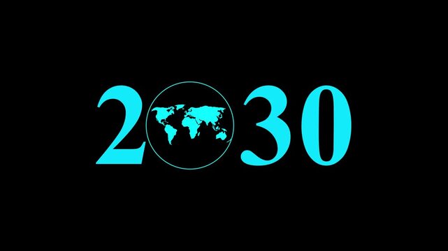 Aerial view of year text with 2030 and Earth icon for environmental awareness, sustainability goals, and climate change action, happy new year and environment day, Motion graphics of year concept