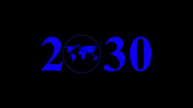 Aerial view of year text with 2030 and Earth icon for environmental awareness, sustainability goals, and climate change action, happy new year and environment day, Motion graphics of year concept
