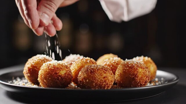Chef Sprinkling Parmesan Cheese on Delicious Fried Arancini Balls.