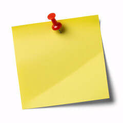 Yellow sticky note with red pushpin on white background