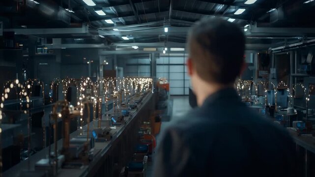 Pausing to listen, male technician in work jacket walking plant aisle inspecting lighted machines
