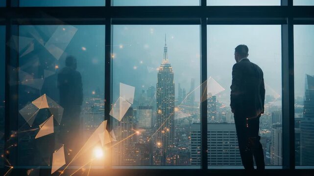 Standing suited man watching skyline at window in office as particles pulsing, ESB, copy space