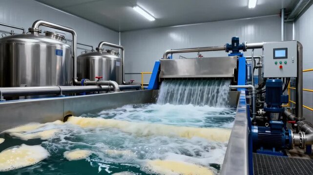 Medium shot of a wastewater pretreatment system with dairy effluent flowing through a dissolved air flotation unit removing fats and oils for environmental safety.