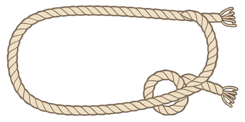 A strong brown nautical rope frame with a twisted knot is isolated on a white background, showing the old fiber texture of a marine cable or ship cord used to tie a secure line at seaA strong brown na