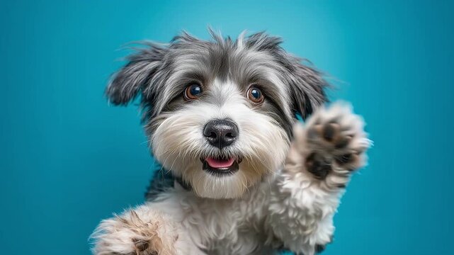 Fluffy Grey and White Dog Paws Up on Blue Studio Background Portrait