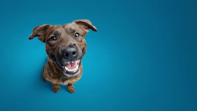 Brown Mixed Breed Dog Sitting and Looking Up on Blue Background