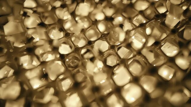 Shifting colored light bathing hexagonal foam at macro with droplet center-left and specular sheen