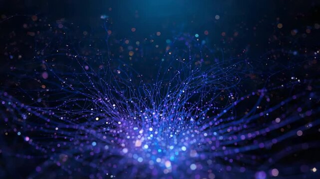 Pulsing central luminous core sending thin filament strands outward in blue abstract space, bokeh