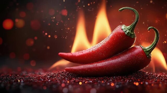 Fiery red chili peppers with flames and sparkling droplets in a spicy setting