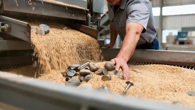 Medium shot focusing on inspection magnetic separator with operator monitoring grain flow to detect and remove stones and metal particles in a quality control setting.