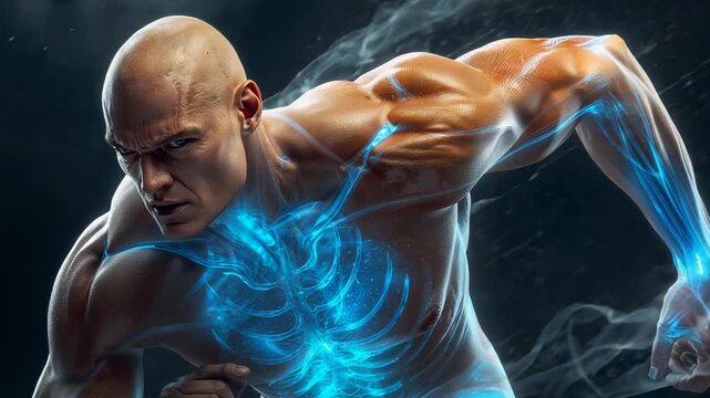 Tightening grip bald man in fitted bottoms launching in studio, with blue anatomic glow and smoke