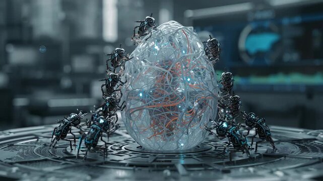 Receiving signal, six spider robots climbing, probing clear pod on base in lab, activating conduits