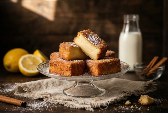 Leche frita, postre tradicional espa&ntilde;ol de Semana Santa, sobre un expositor, con luz natural.