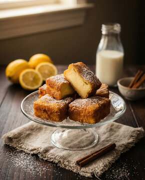 Leche frita, postre tradicional espa&ntilde;ol de Semana Santa, sobre un expositor con luz natural.