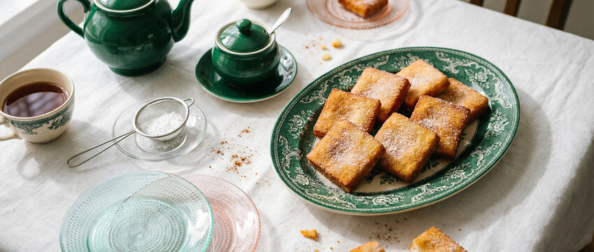 Leche frita, postre tradicional espa&ntilde;ol de Semana Santa, sobre un plato, con luz natural.