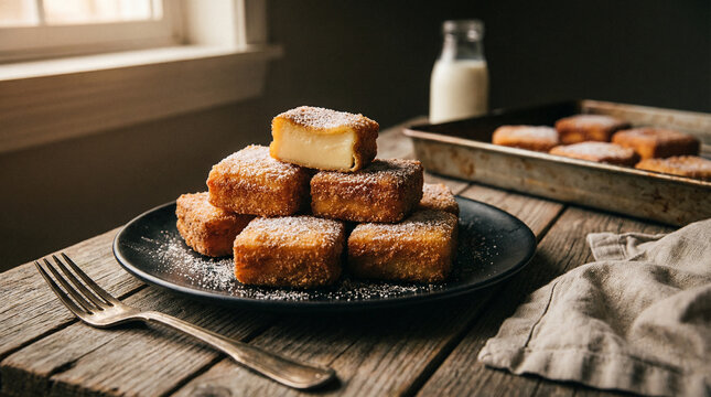 Leche frita, postre tradicional espa&ntilde;ol de Semana Santa, sobre un plato, con luz natural.